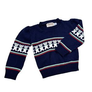 Vintage Amana Woolen Mills Iowa Navy Blue Teddy Bear Fair Isle Sweater Small 5-6